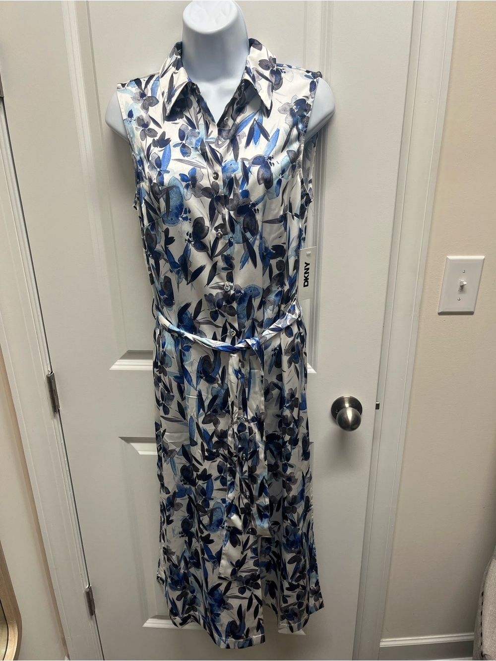 DKNY Blue Floral Satin Shirt Dress Sleeveless Midi Tie Belt NWT Size 4
